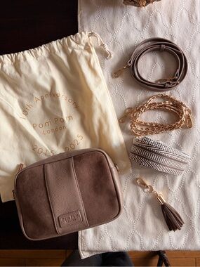 Pom Pom London Taupe Suede and Leather Crossbody Bag with Tassel
